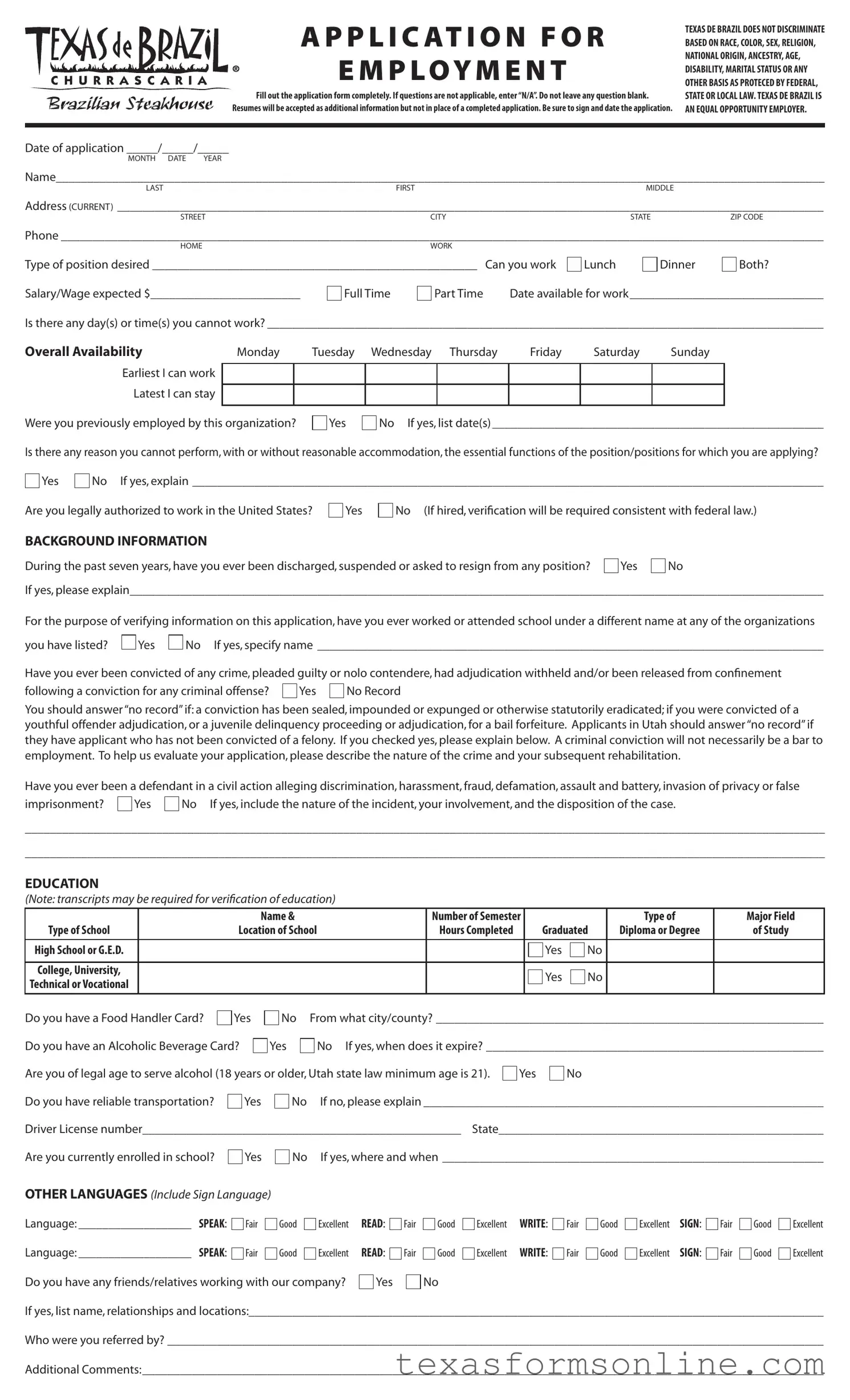 Blank Application For Texas De Brazil PDF Form