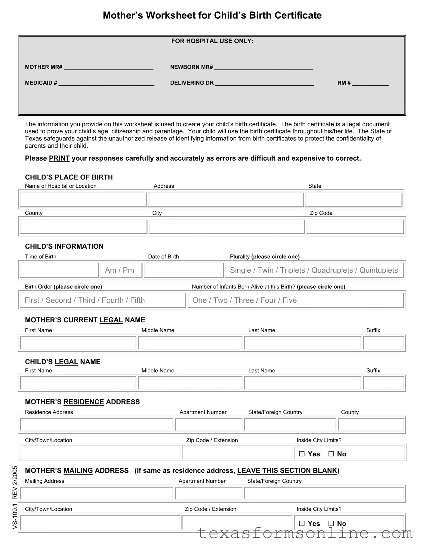 Blank Child Birth Certificate Texas PDF Form
