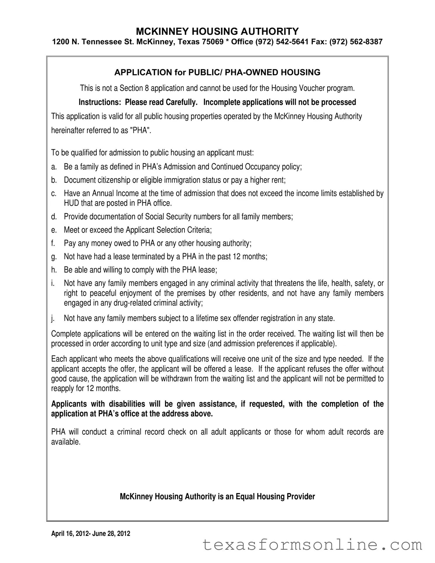 Blank Housing Authority Of Mckinney Texas PDF Form