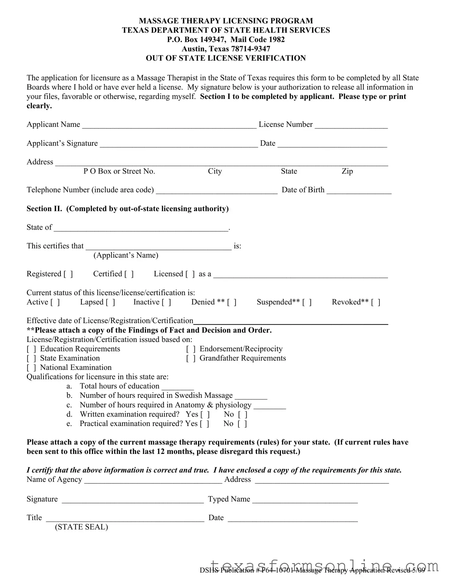 Blank Massage License Texas Lookup PDF Form