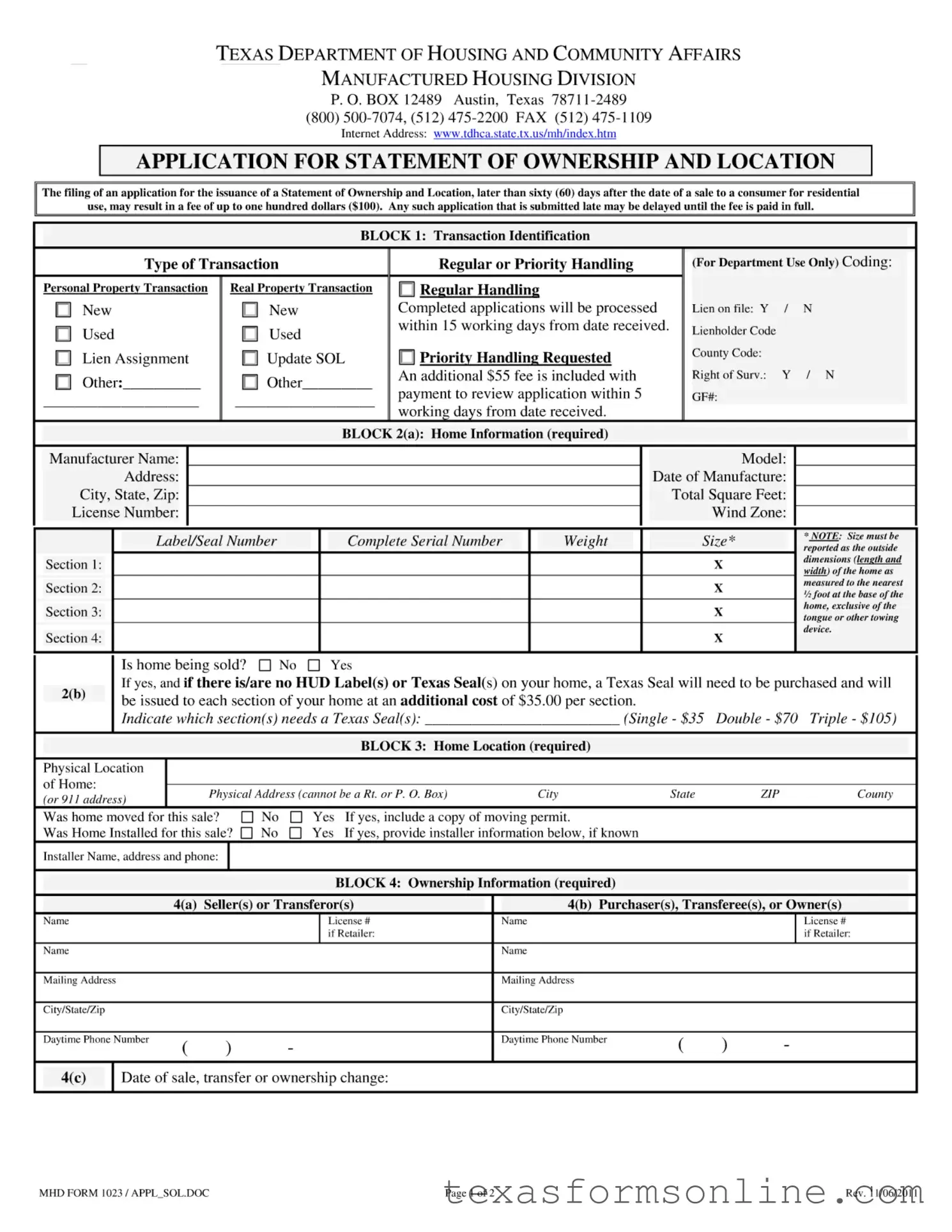 Blank Mhd 1023 Texas PDF Form