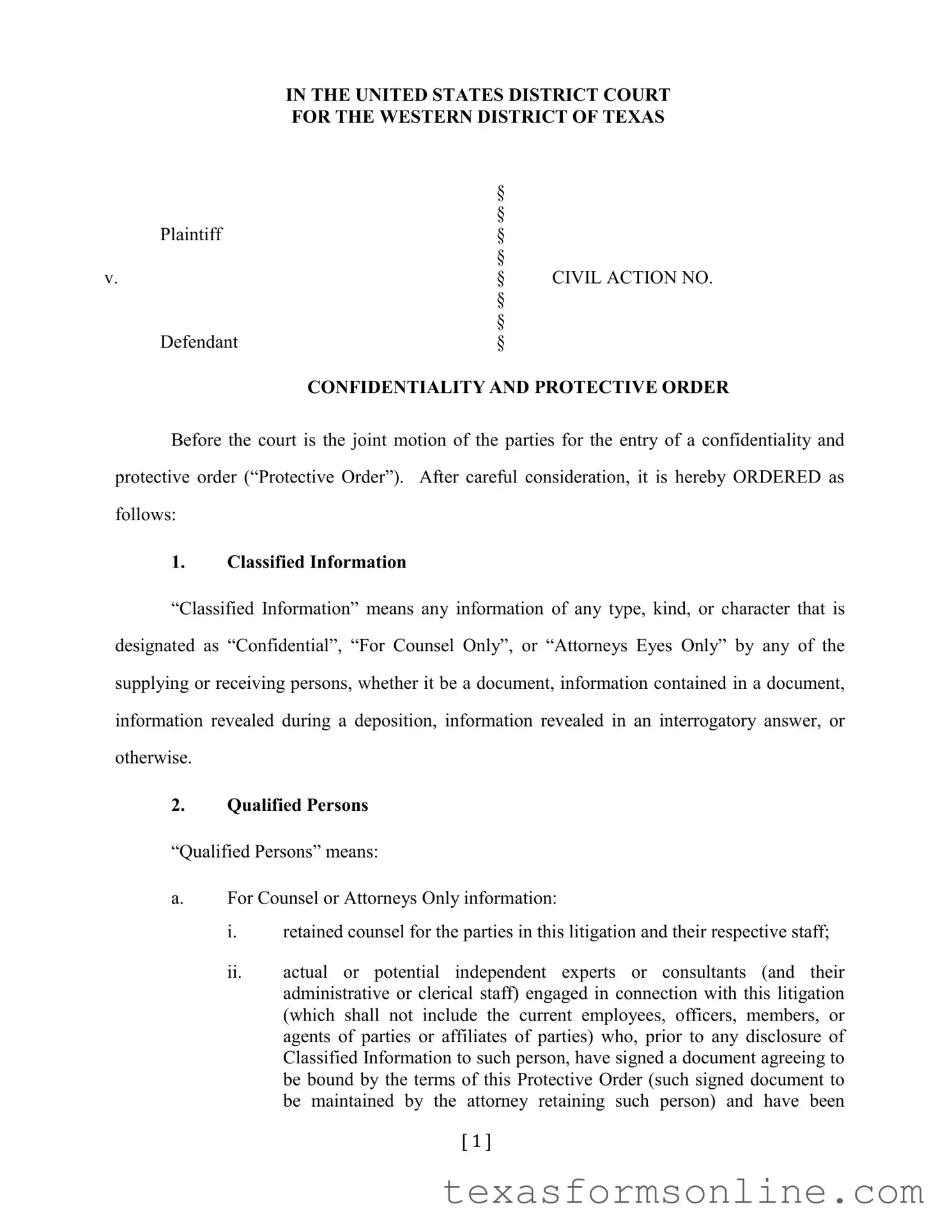 Blank Protective Order Western District Of Texas PDF Form