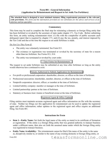 Blank 801 Texas PDF Form