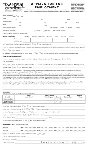 Blank Application For Texas De Brazil PDF Form