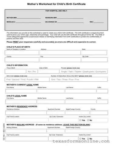 Blank Child Birth Certificate Texas PDF Form
