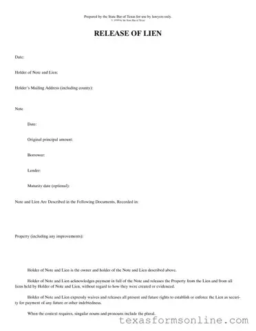 Blank Release Of Lien Texas PDF Form