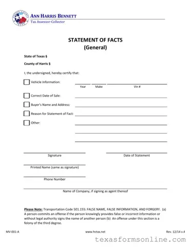 Blank Statement Of Fact Texas PDF Form