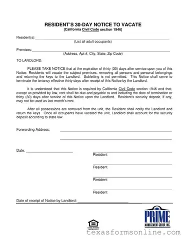 Blank Texas 30 Day Notice To Vacate PDF Form