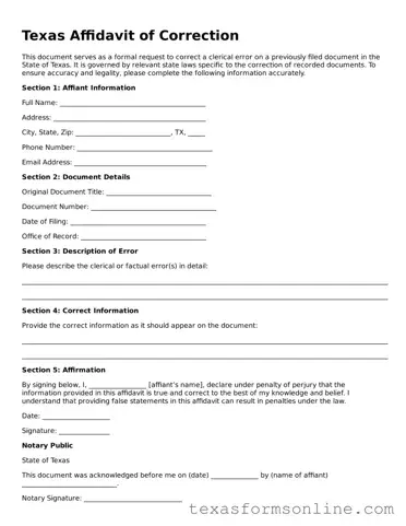Official Texas Affidavit of Correction Document