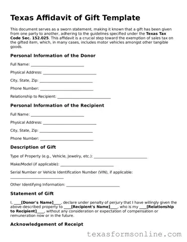 Official Texas Affidavit of Gift Document