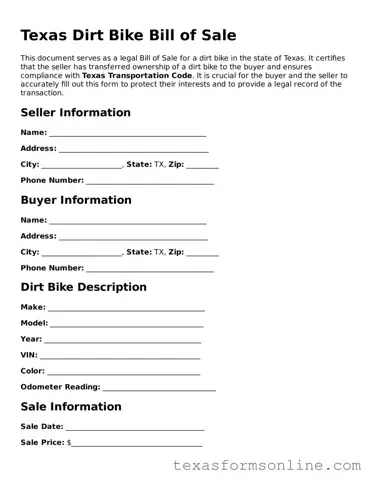 Official Texas Dirt Bike Bill of Sale Document