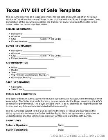 Official Texas ATV Bill of Sale Document