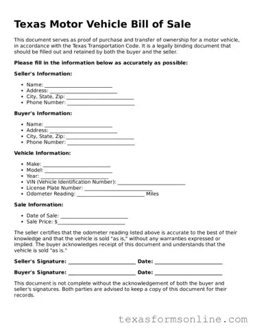 Official Texas Motor Vehicle Bill of Sale Document