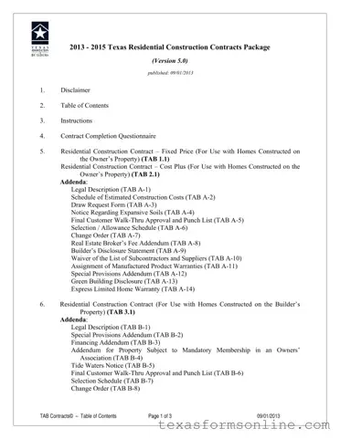 Blank Texas Builders Association Fixed Cost PDF Form