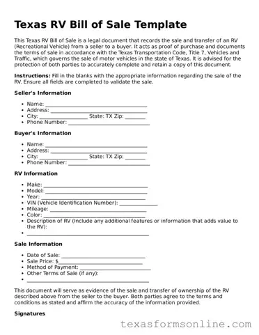 Official Texas RV Bill of Sale Document