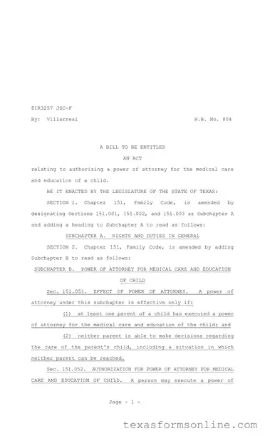 Blank Texas Child Power of Attorney PDF Form