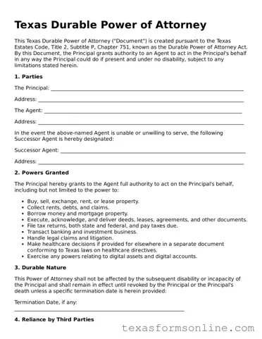 Official Texas Durable Power of Attorney Document