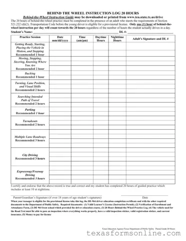 Blank Texas Dps Driving Log PDF Form