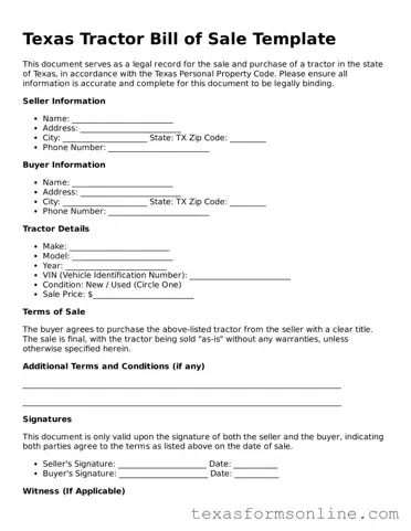 Official Texas Tractor Bill of Sale Document