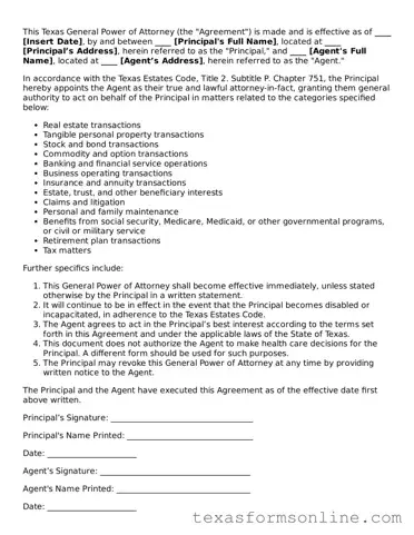 Official Texas General Power of Attorney Document