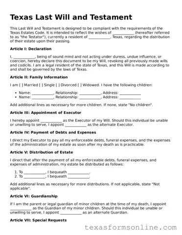 Official Texas Last Will and Testament Document
