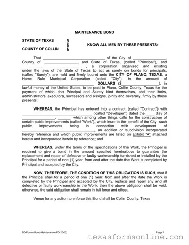 Blank Texas Maintenance Bond PDF Form