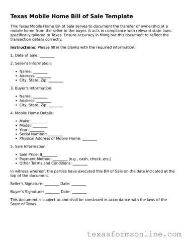 Official Texas Mobile Home Bill of Sale Document