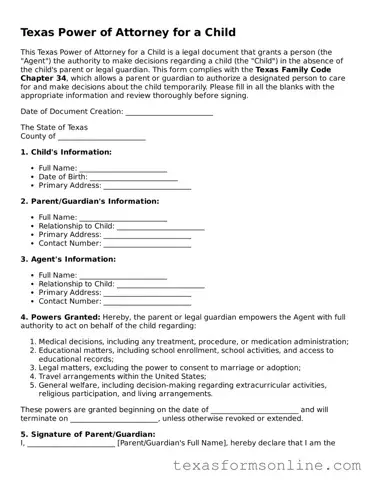 Official Texas Power of Attorney for a Child Document
