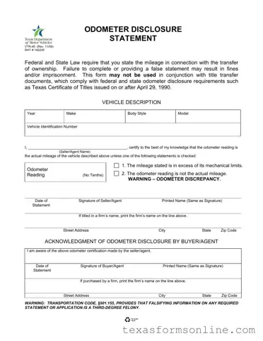 Blank Texas Odometer Statement PDF Form