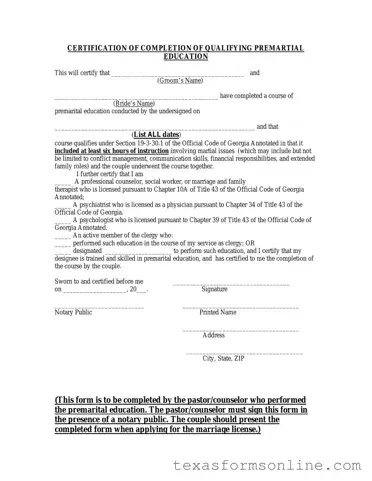 Blank Texas Premarital Course Certificate PDF Form