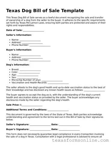 Official Texas Dog Bill of Sale Document