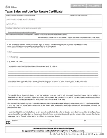 Blank Texas Resale Certificate 01 339 PDF Form