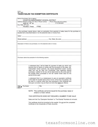 Blank Texas Sales Tax Exemption Certificate PDF Form