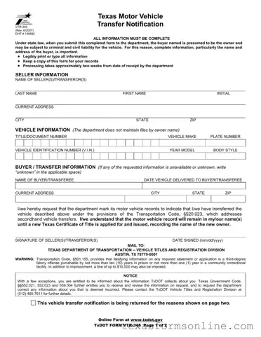 Blank Texas Vtr 346 PDF Form