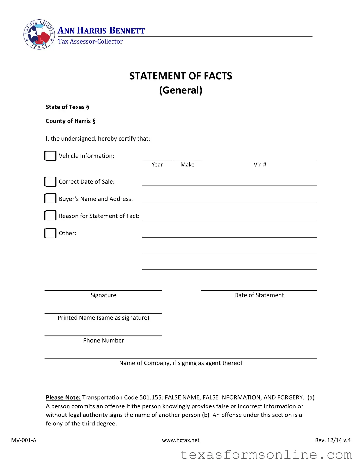 Blank Statement Of Fact Texas PDF Form