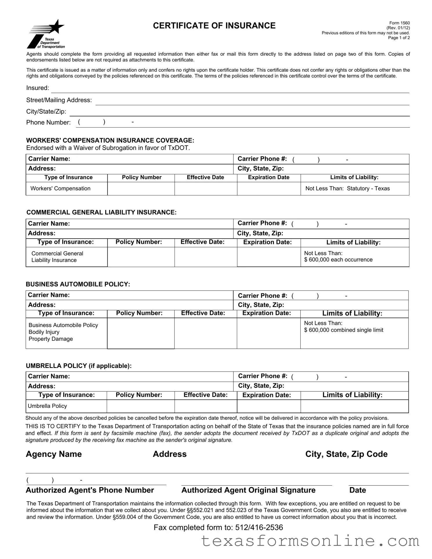 Blank Texas 1560 PDF Form