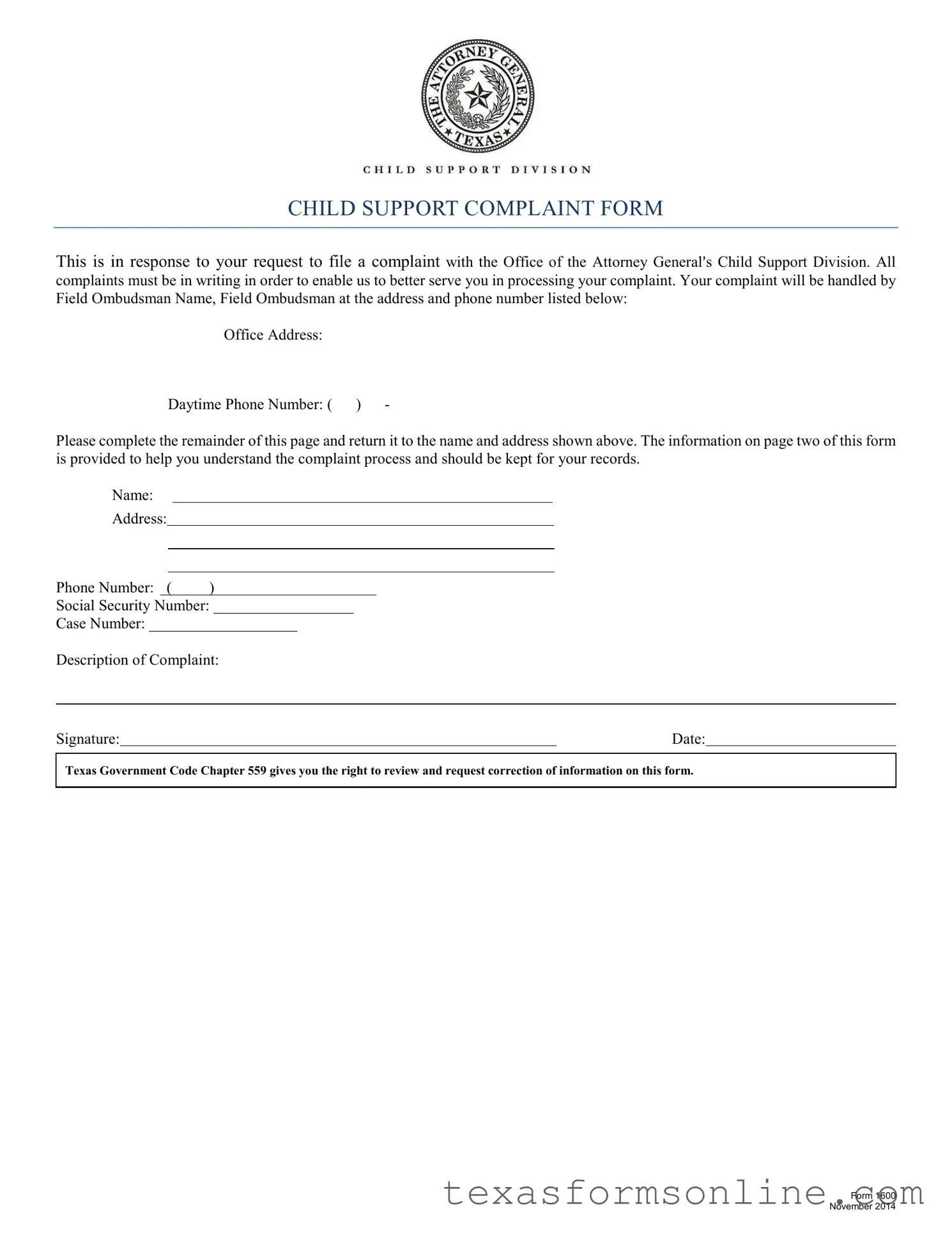 Blank Texas 1600 PDF Form