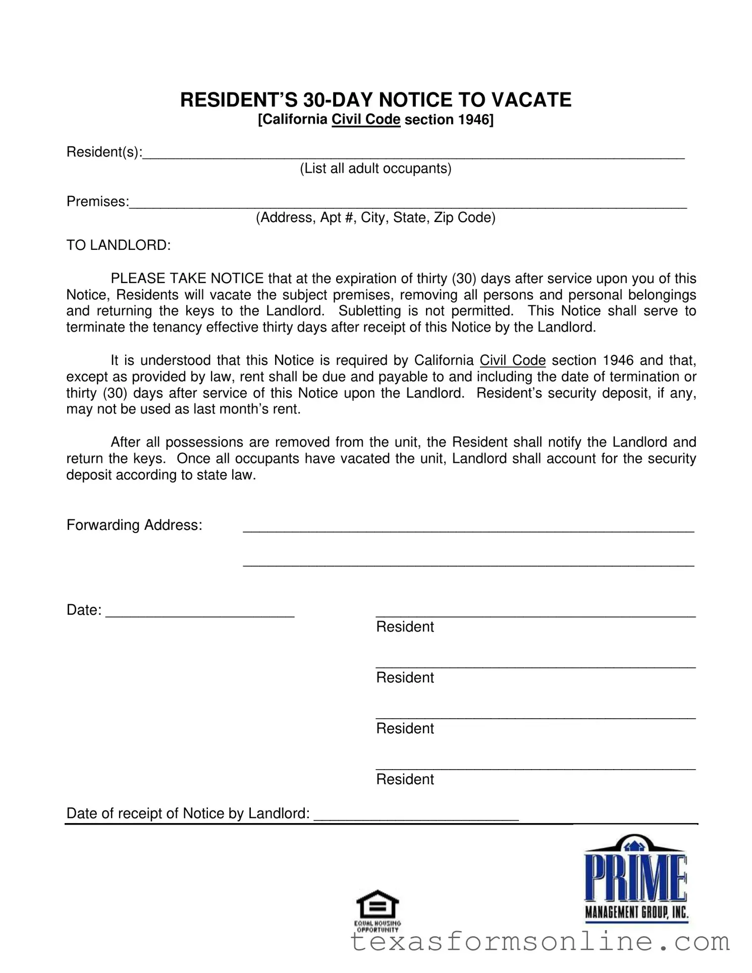 Blank Texas 30 Day Notice To Vacate PDF Form