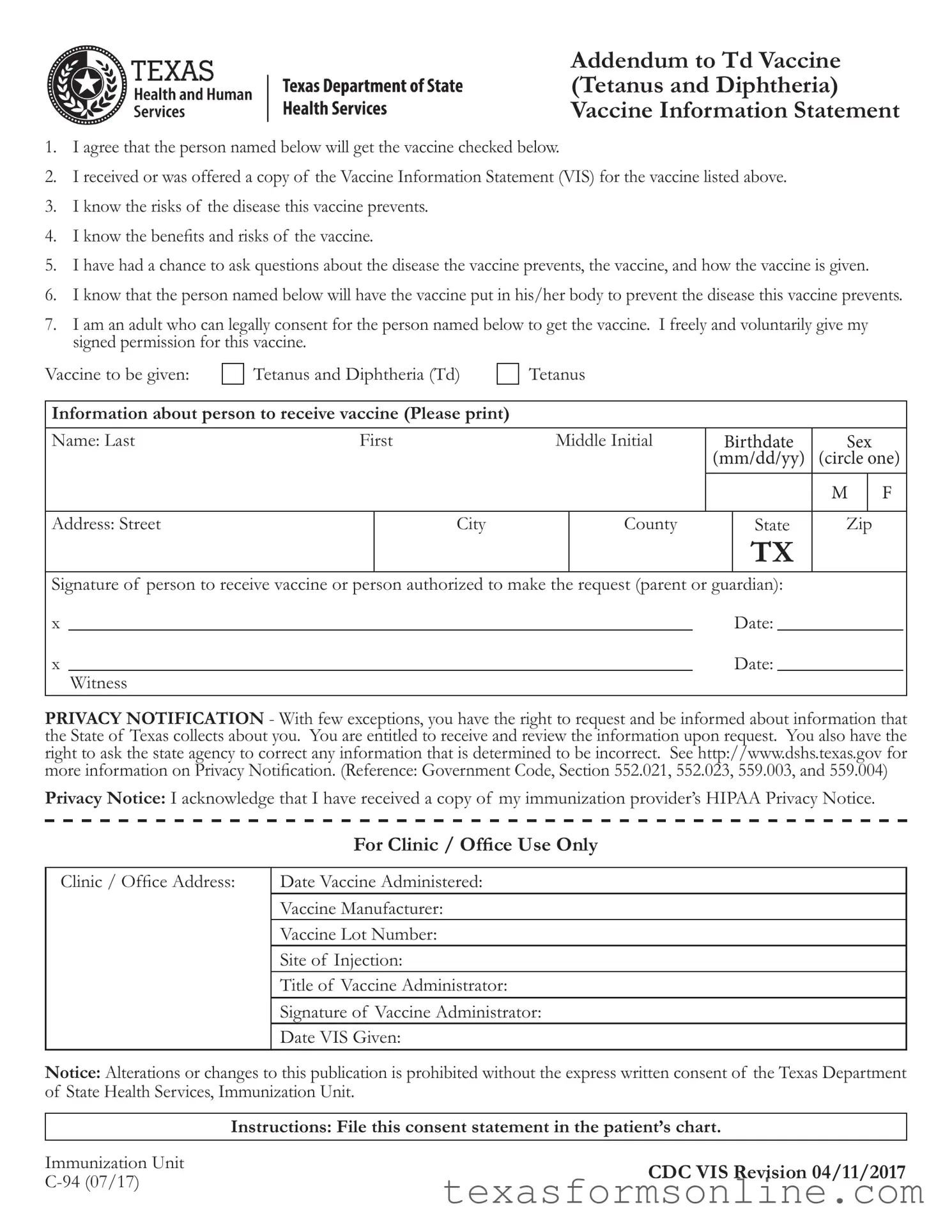 Blank Texas Addendum To Tdap Vaccine PDF Form