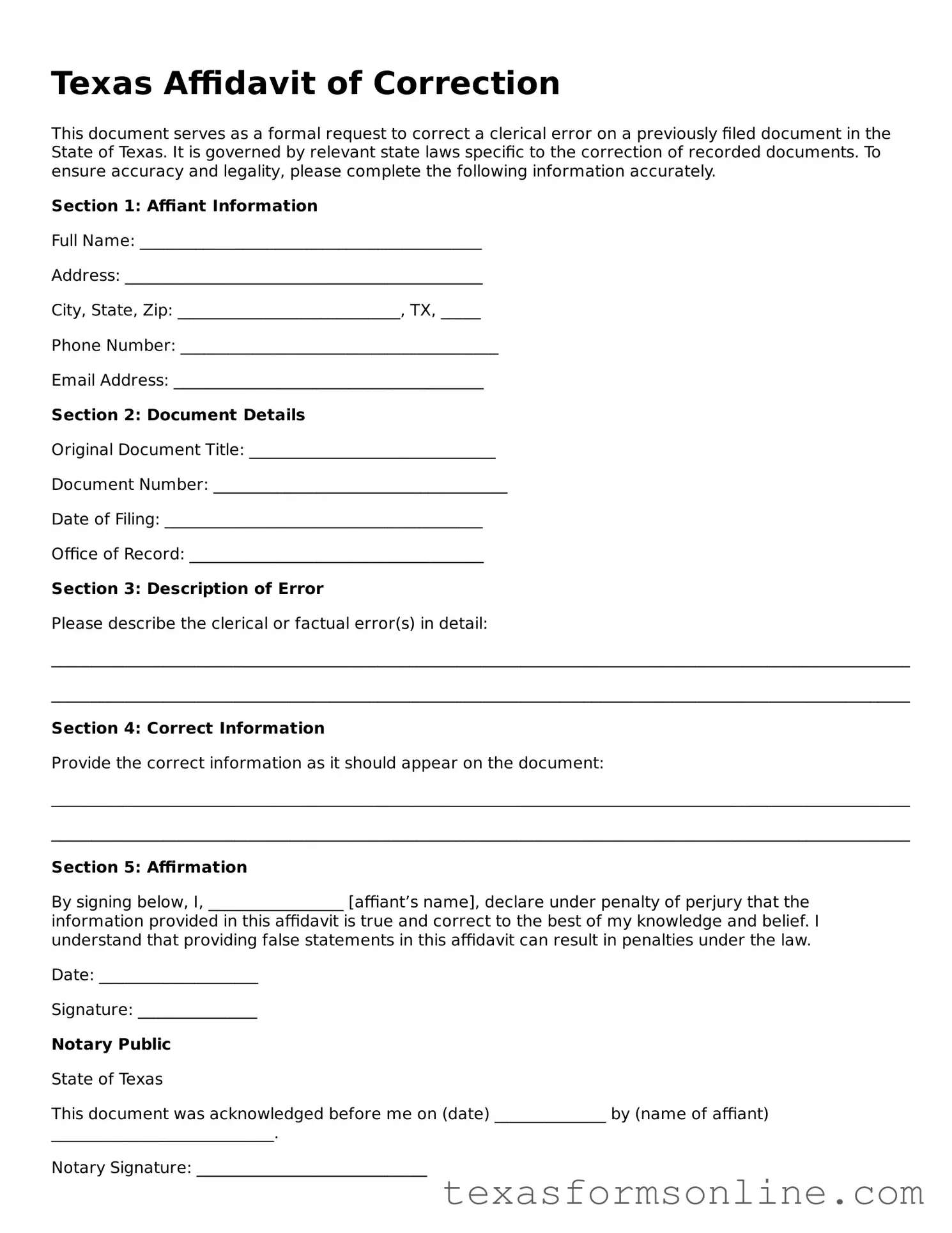Official Texas Affidavit of Correction Document