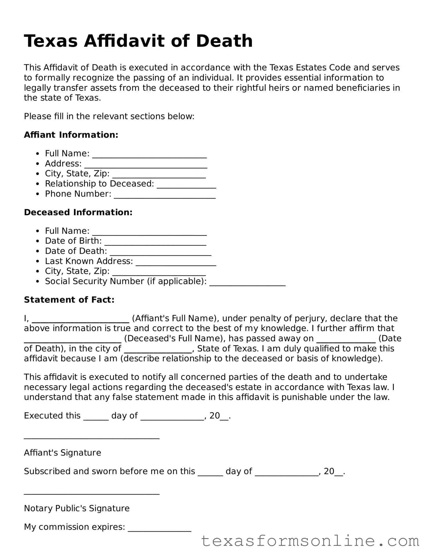 Official Texas Affidavit of Death Document