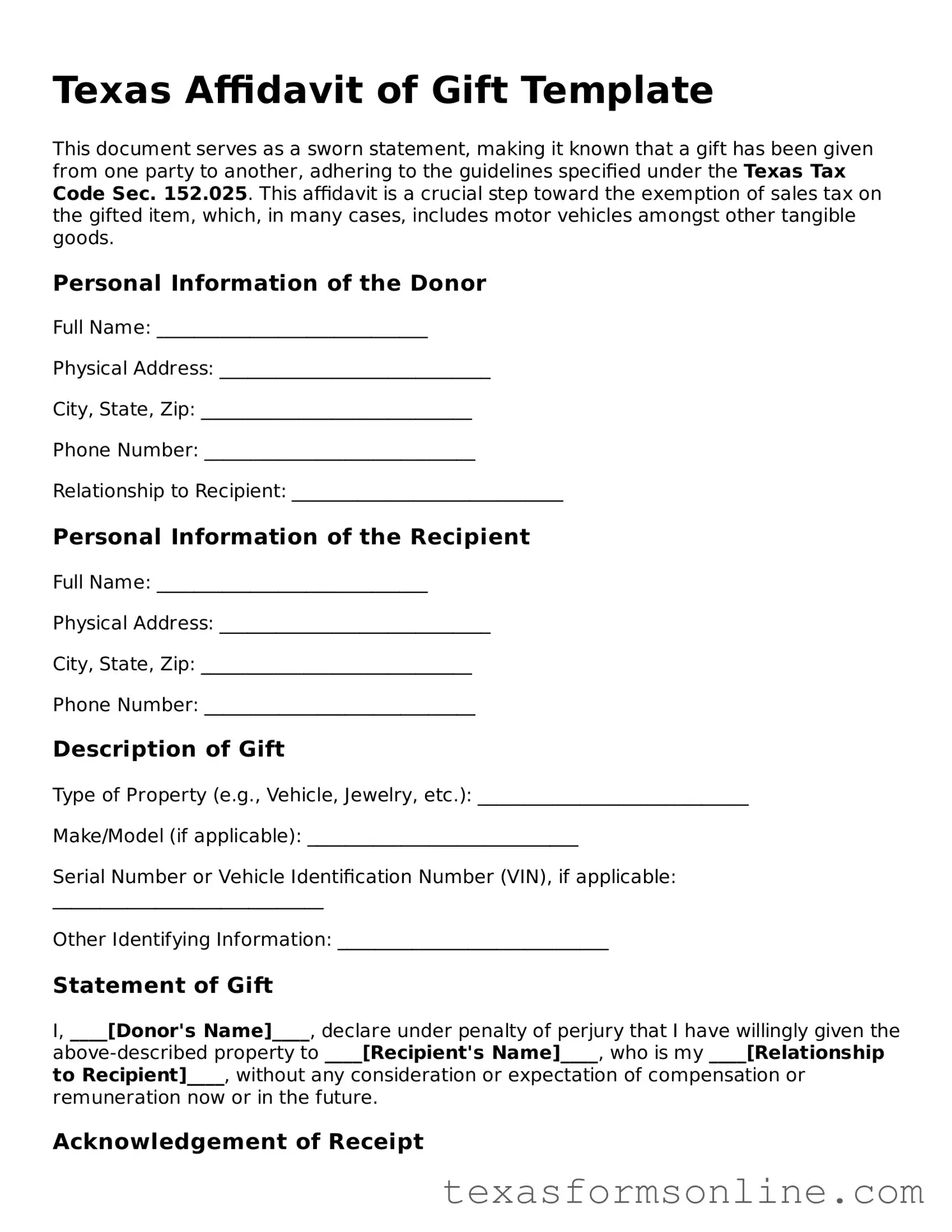 Official Texas Affidavit of Gift Document