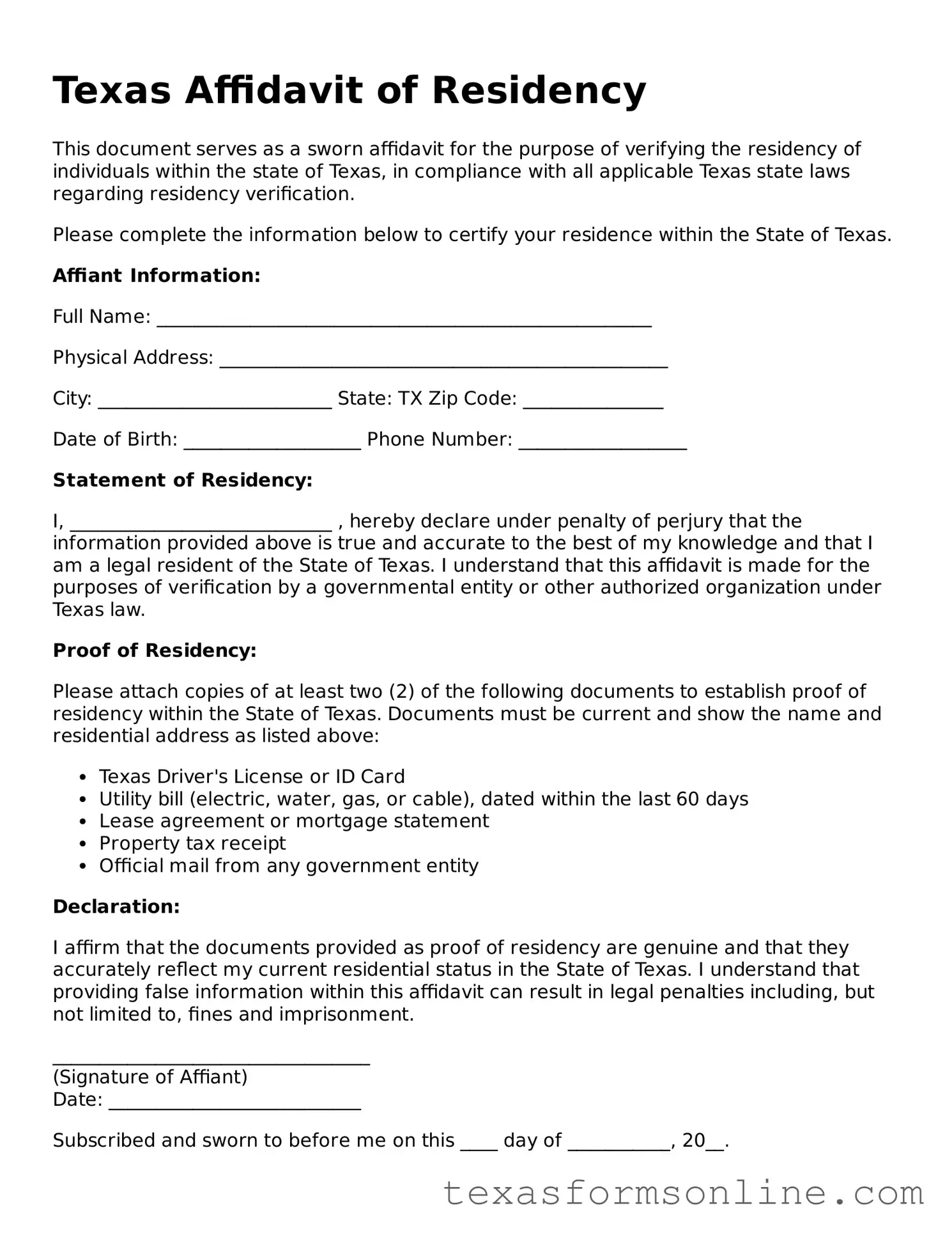 Official Texas Affidavit of Residency Document
