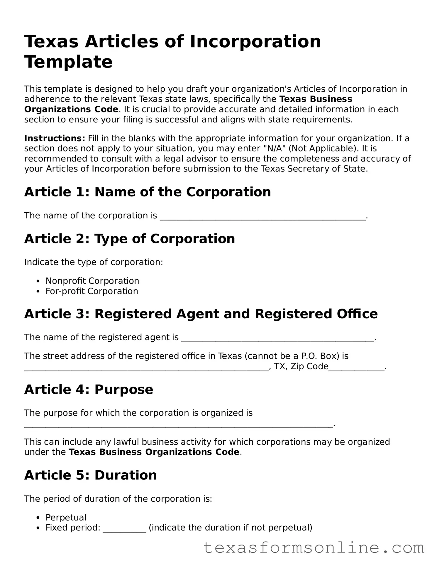 Official Texas Articles of Incorporation Document