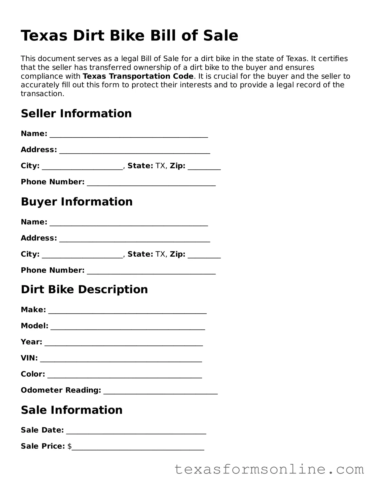 Official Texas Dirt Bike Bill of Sale Document