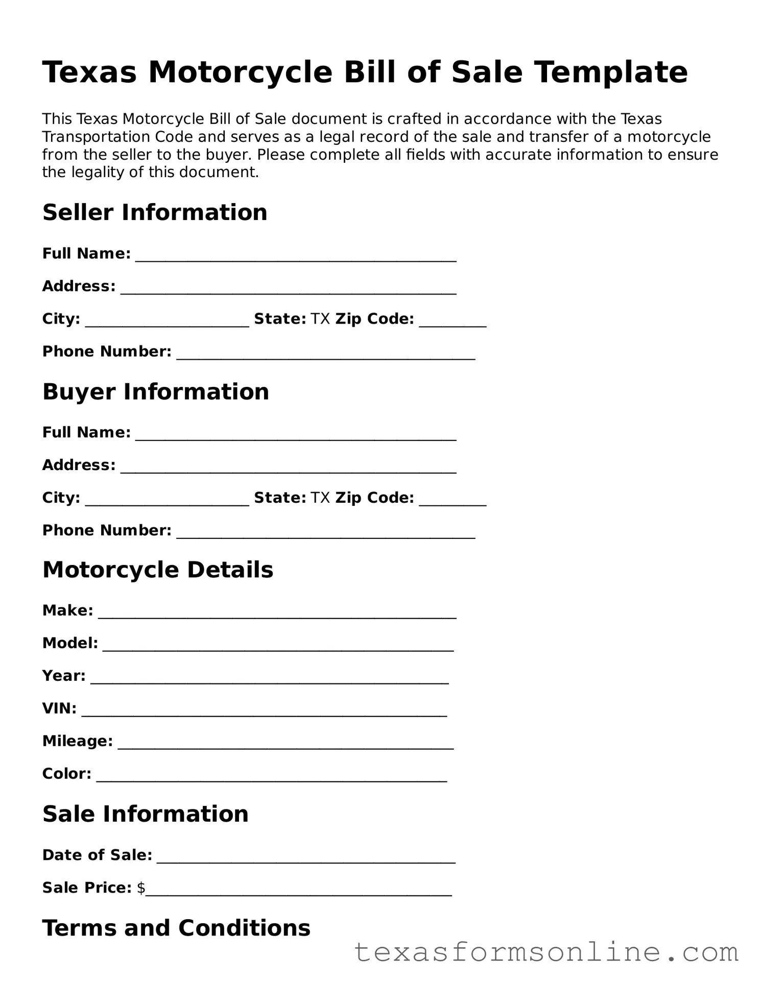 Official Texas Motorcycle Bill of Sale Document