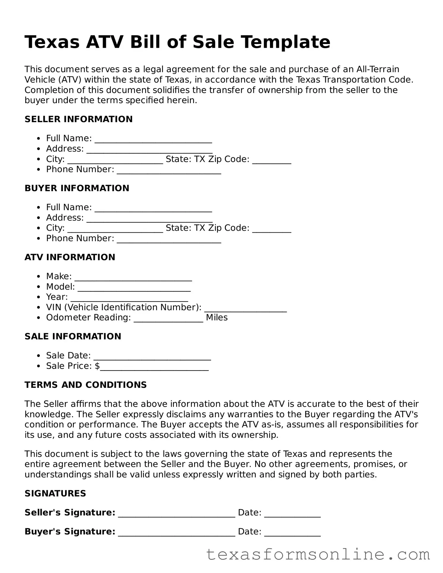 Official Texas ATV Bill of Sale Document