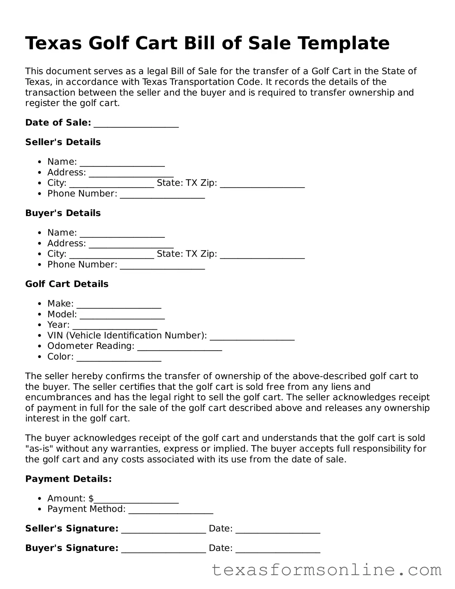 Official Texas Golf Cart Bill of Sale Document
