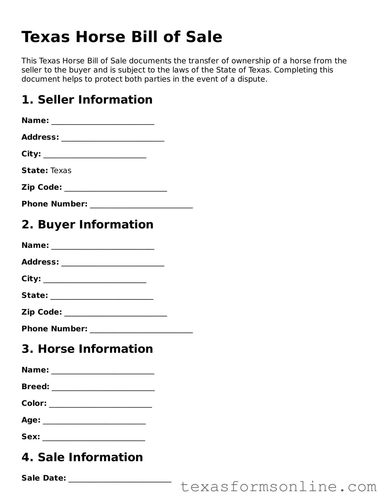 Official Texas Horse Bill of Sale Document