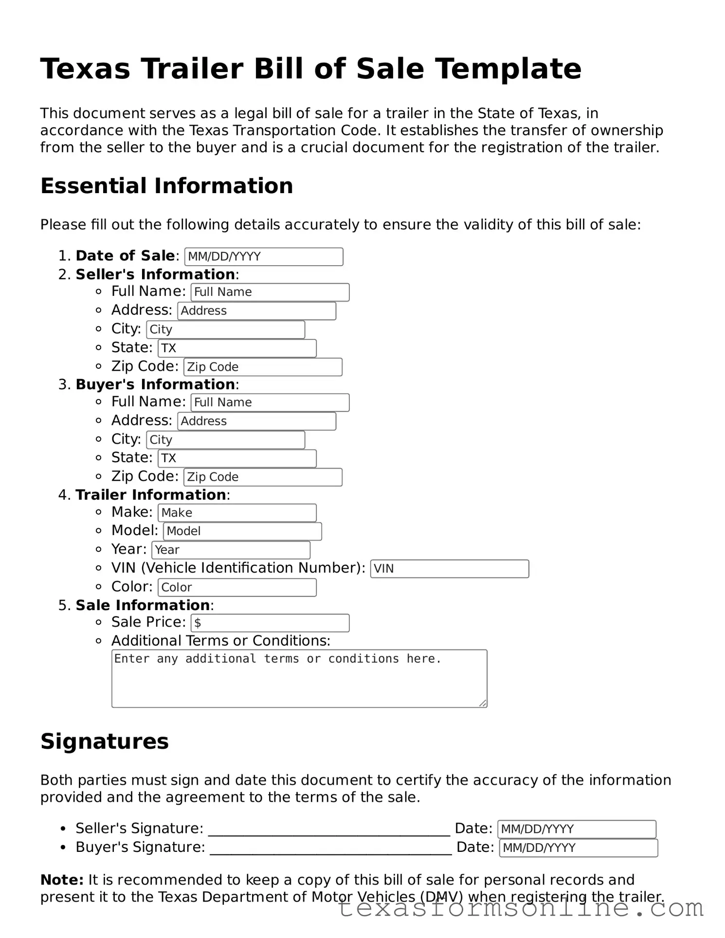 Official Texas Trailer Bill of Sale Document